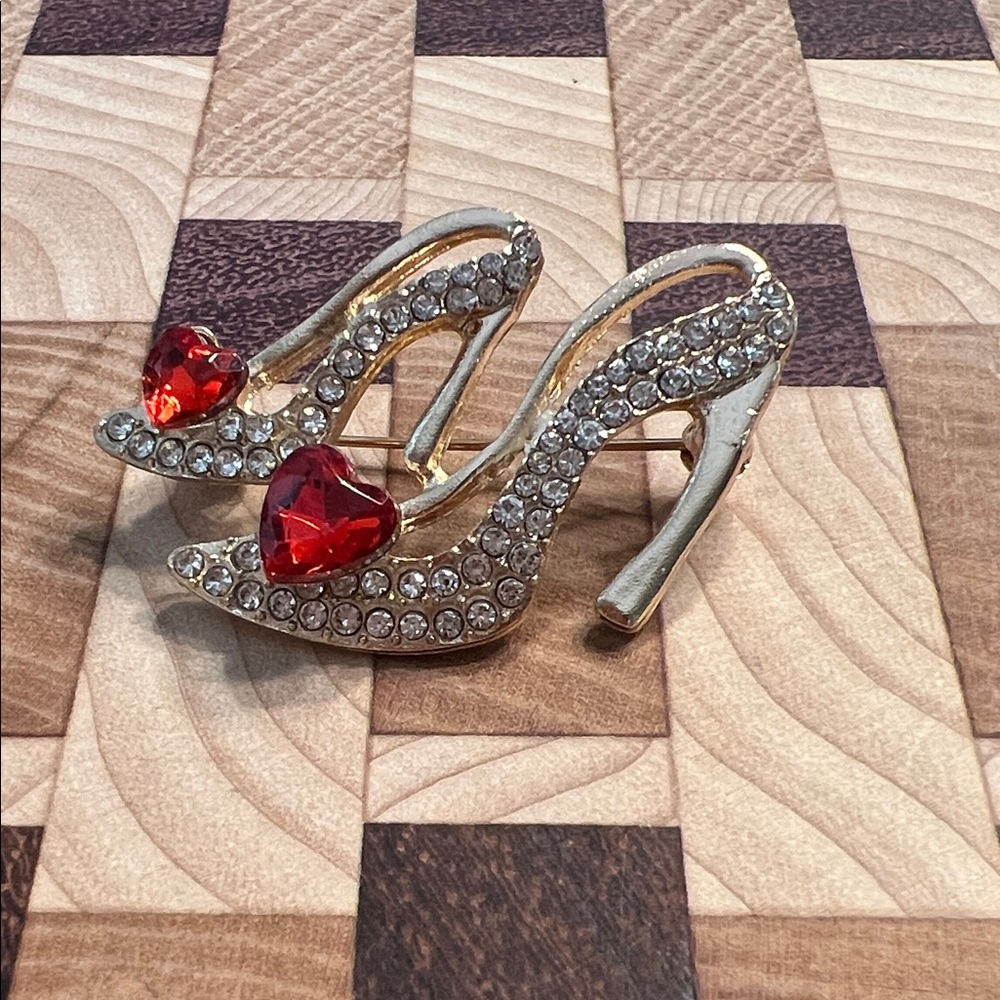 Gold and Red Heart Crystal High Heel Brooch